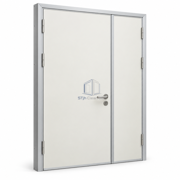 STjh 1350 mm reinforced equipment door with unequal HPL leaves and a shared strengthened frame on white.