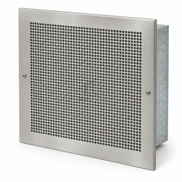 STJH-CLEANROOM-EXHAUST-AIR-GRILLE-500X500 white-background main view of square stainless grille and shallow mounting sleeve