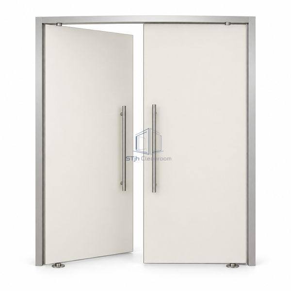 STjh 2000 mm double HPL floor-spring door with paired laminate leaves and two floor-closer covers on white.