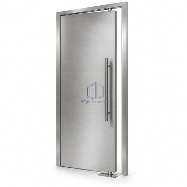 STjh 950 mm stainless floor-spring doorset with a brushed leaf and lower pivot cover against white.