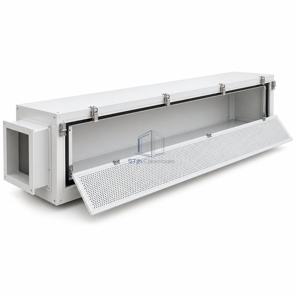 STJH-CLEANROOM-HEPA-TERMINAL-HOUSING-1220X610 white-background main view of long rectangular housing and room-side access
