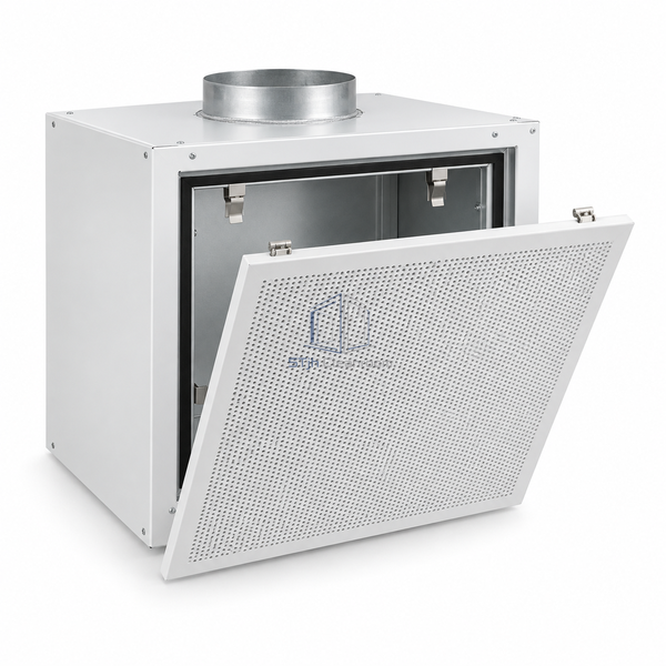 STJH-CLEANROOM-HEPA-TERMINAL-HOUSING-610X610 white-background main view of square welded housing with hinged diffuser
