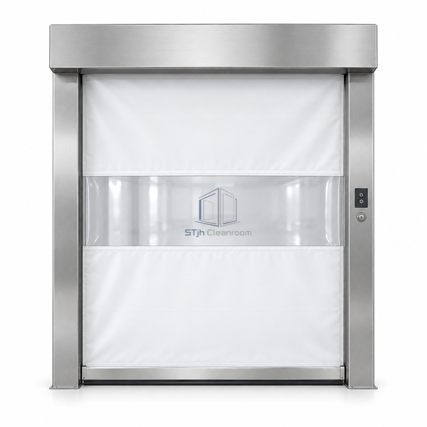 STjh enclosed stainless cleanroom rapid-roll door on white with a pale fabric curtain, full-width vision strip and stainless-clad bottom bar.