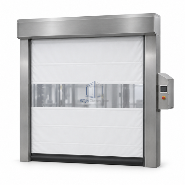 STjh gravity-drive stainless cleanroom roll-up door on white with a light PVC curtain, vision band and slanted stainless control box.