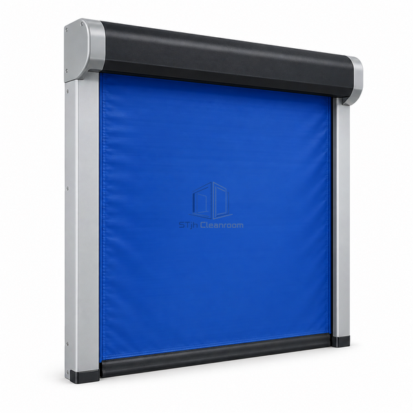 STjh compact cleanroom rapid-roll door on white with a blue PVC curtain, silver-gray composite columns and a black integrated header cover.