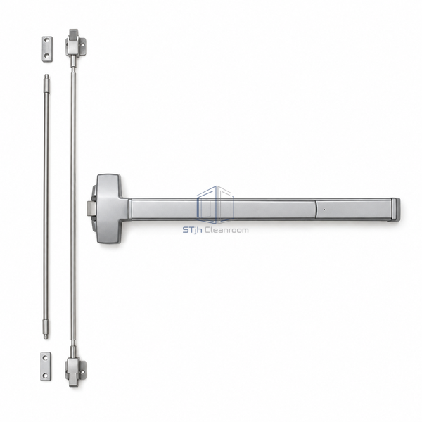 STjh concealed vertical-rod exit hardware kit with a push bar and slender internal rod assemblies on a white background.