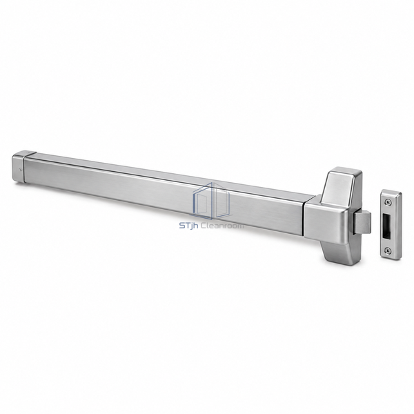 STjh rim-latch panic exit bar and compact frame strike in a silver finish on a white background.