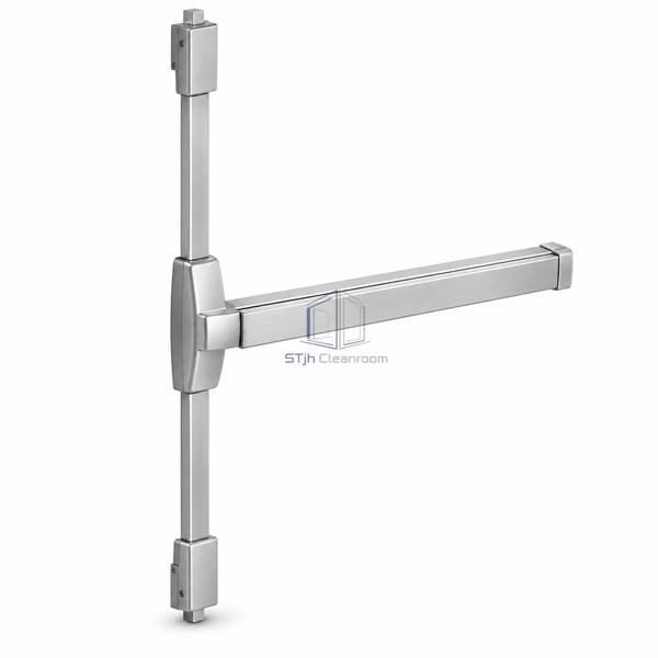 STjh surface vertical-rod panic hardware with long silver rod covers and a central push bar on white.
