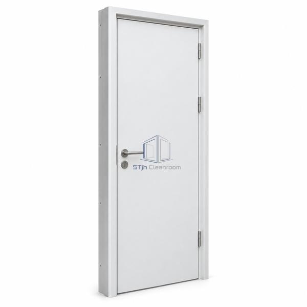 STjh 800 mm masonry-wall personnel door with a narrow coated-steel leaf, wraparound frame and lever handle on white.
