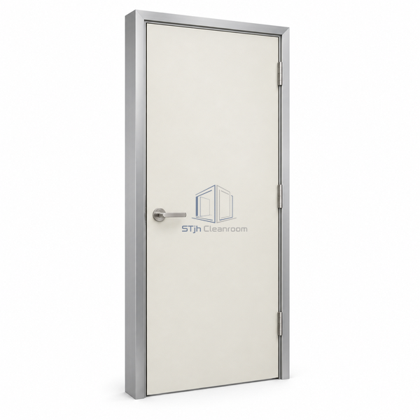 STjh 900 mm HPL masonry personnel door with a pale laminate face and deep perimeter frame against white.