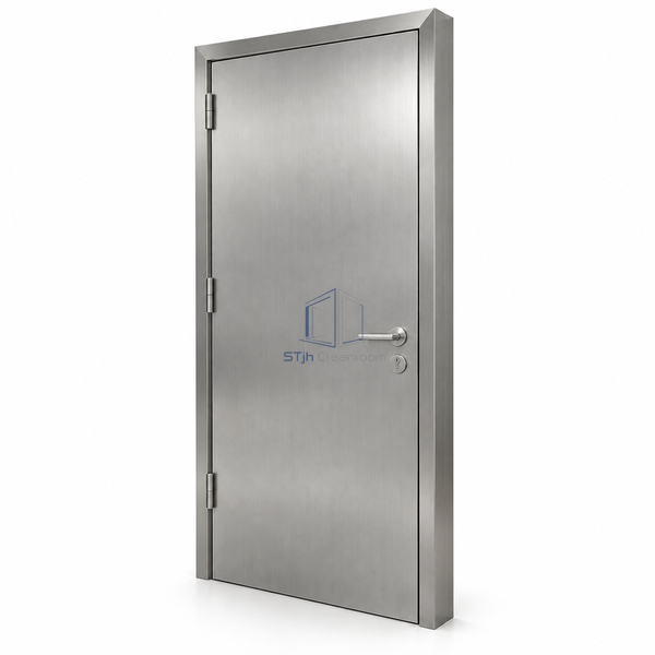 STjh 950 mm stainless masonry personnel door with a brushed-metal single leaf and deep wall frame on white.