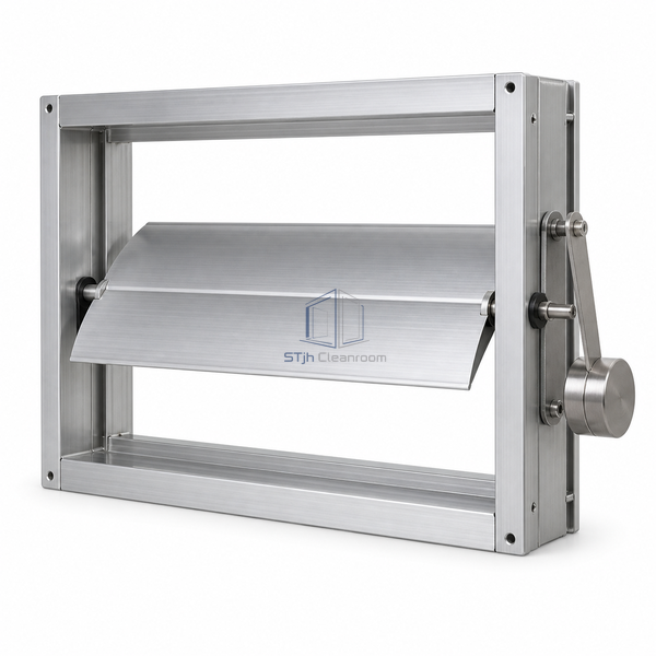 STJH-CLEANROOM-PRESSURE-RELIEF-DAMPER-30PA with mid-setting balance arm and airfoil blade on white