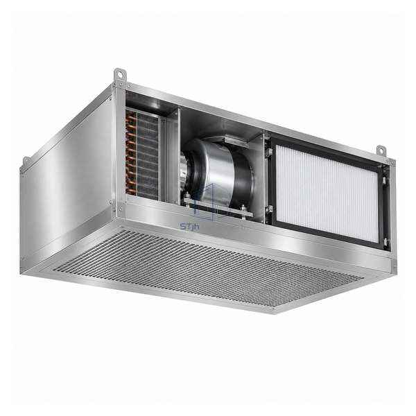 STjh compact 650 mm high cleanroom recirculation unit with shallow EC fan and H14 filter plenum