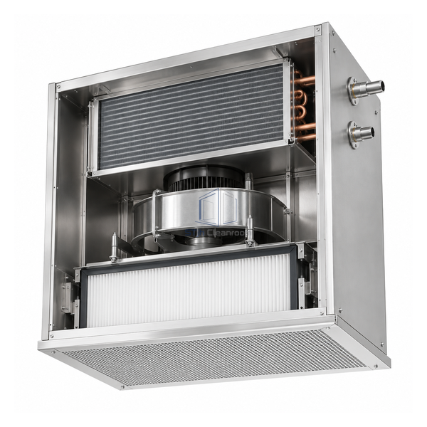 STjh 810 mm high cleanroom recirculation unit with H14 filter, EC fan and visible cooling coil