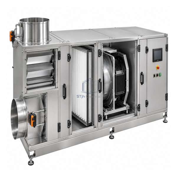 STjh cleanroom RCU with separate make-up and exhaust duct collars, H14 filter and Modbus controller