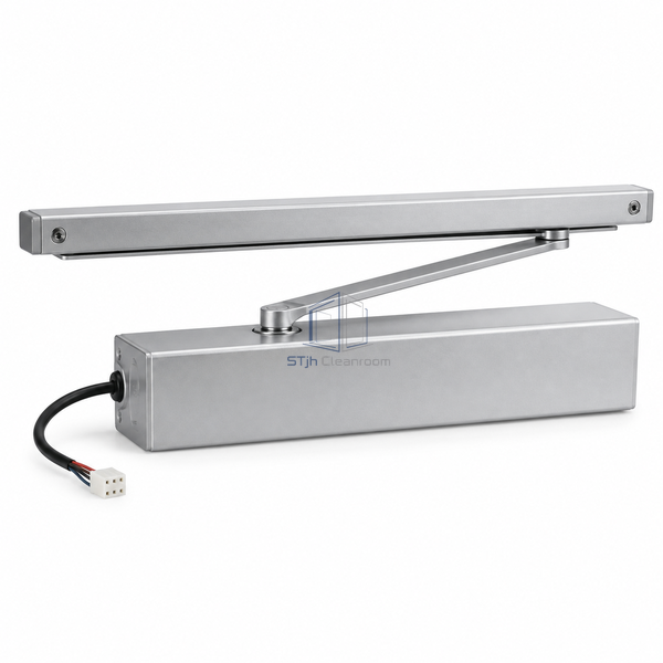 STJH electric free-swing closer with guide rail and power lead on a white background.