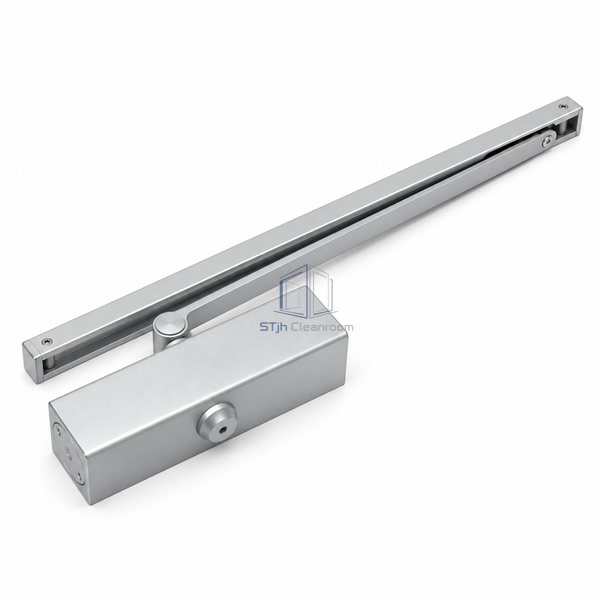 STJH hydraulic closer with slim guide rail and lever arranged on white.
