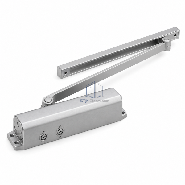STJH soft-close closer with front adjustment points and guide rail on white.