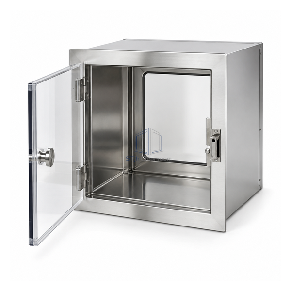 STjh compact 400 by 336 by 400 mm stainless transfer hatch with acrylic door and shallow wall flange