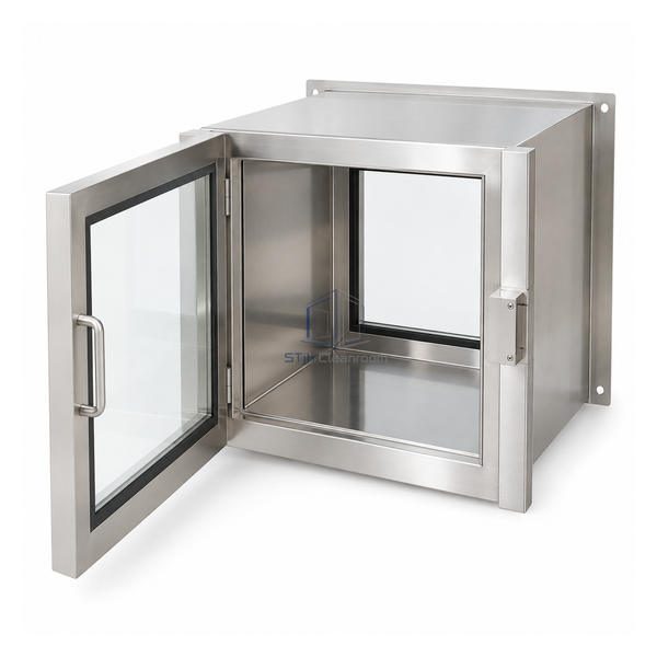 STjh medium 550 by 486 by 550 mm polished stainless transfer hatch with safety-glass door and dual wall flanges