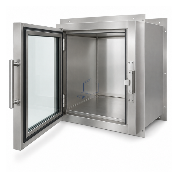 STjh large 700 by 636 by 700 mm stainless transfer hatch with oversized laminated-glass door and deep chamber