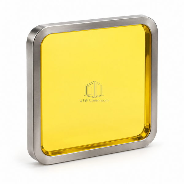 STjh yellow acrylic transfer-hatch window component on white, showing a transparent yellow viewing sheet within a slim stainless surround.