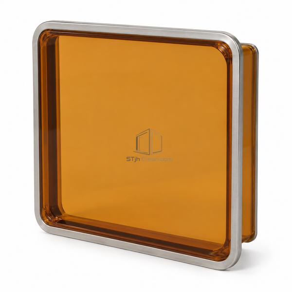 STjh amber PVC transfer-hatch observation insert on white, with a warm amber polymer viewing panel and narrow stainless retaining edge.