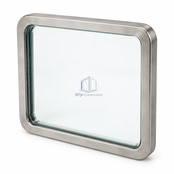 STjh clear tempered-glass transfer-hatch window insert on white, with a compact stainless retaining surround and transparent viewing center.