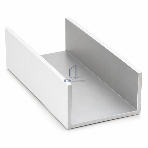 STJH-CLEANROOM-U-EDGE-TRIM-100 broad white aluminum U-channel edge trim on a white background
