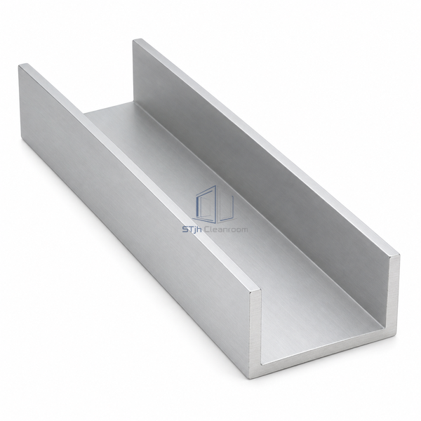 STJH-CLEANROOM-U-EDGE-TRIM-75 aluminum U-channel with intermediate-width opening on a white background