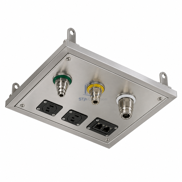 STJH-CLEANROOM-UTILITY-INTERFACE-PANEL-CEILING-TGRID stainless ceiling service tile with downward outlets on a white background
