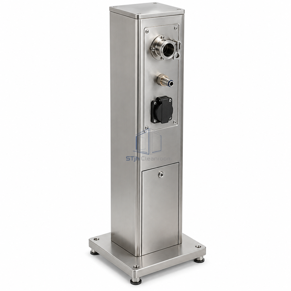 STJH-CLEANROOM-UTILITY-INTERFACE-PANEL-PEDESTAL freestanding stainless utility pedestal on a white background