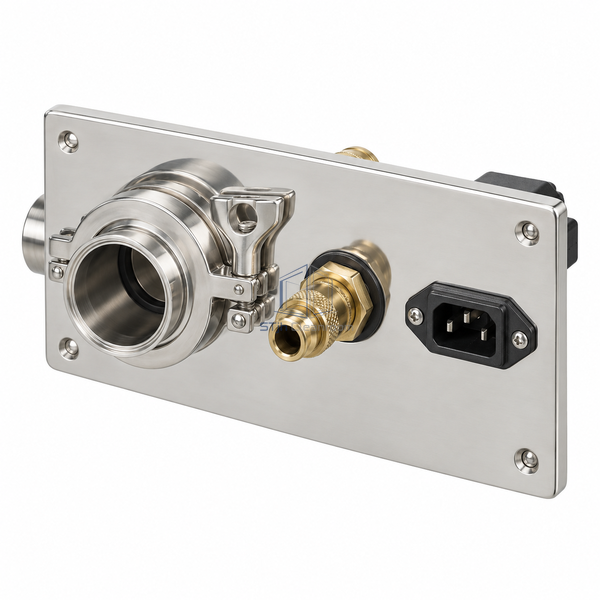 STJH-CLEANROOM-UTILITY-INTERFACE-PANEL-WALL-FLUSH stainless wall utility plate with process fittings on a white background