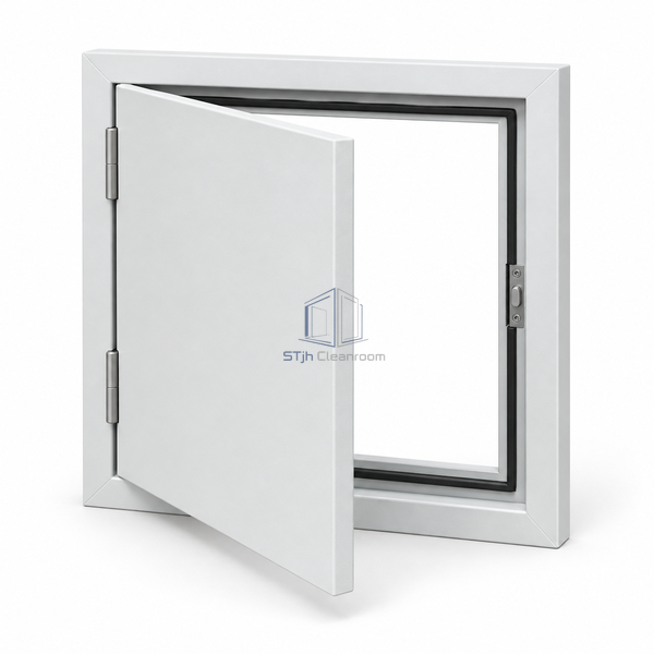 STJH-CLEANROOM-WALL-ACCESS-300-DUAL-SEAL compact white wall access door and dual seals on a white background
