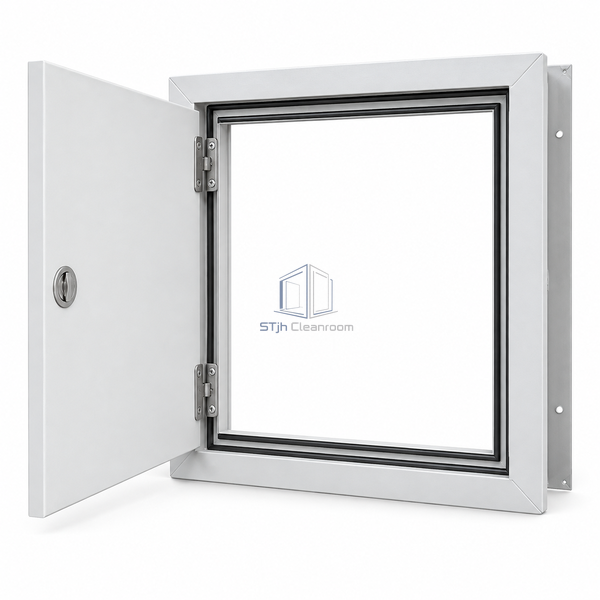 STJH-CLEANROOM-WALL-ACCESS-450-DUAL-SEAL medium wall access leaf in a gasketed frame on a white background