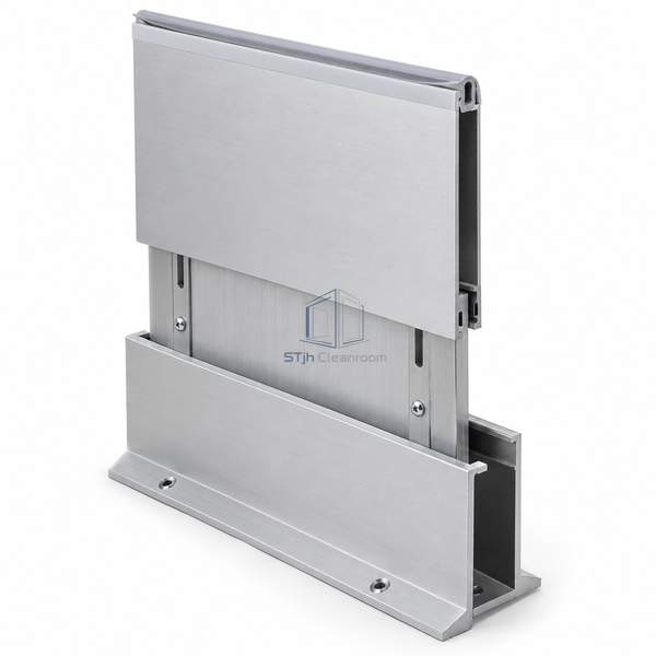 STJH-CLEANROOM-WALL-BASE-CHANNEL-100-130-ADJUSTABLE two-part adjustable aluminum wall base on a white background