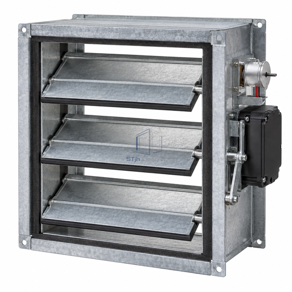 STJH-COMBINATION-FIRE-SMOKE-DAMPER-305X305-CLASS1 with compact linked blades and external drive on white