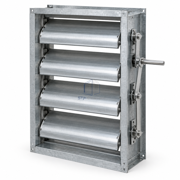 STJH-COMBINATION-FIRE-SMOKE-DAMPER-813X914-3H with airfoil blades and external drive on white