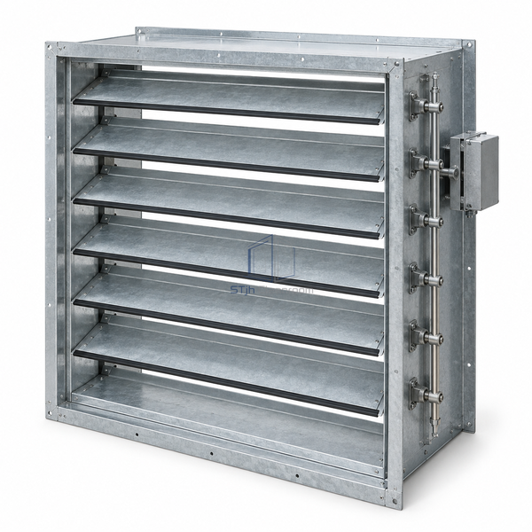 STJH-COMBINATION-FIRE-SMOKE-DAMPER-914X914-CLASS1 with a large horizontal blade bank, white-background main view