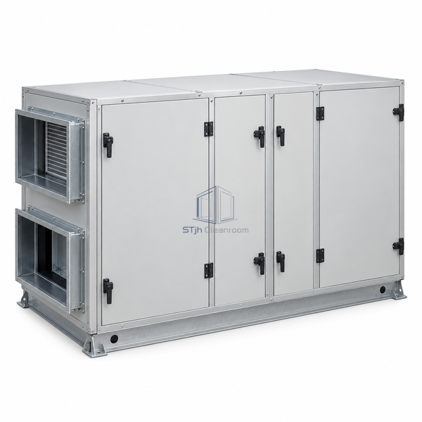 STjh 1440 m3/h compact air handling unit with an extended rectangular cabinet and side duct connections on white.