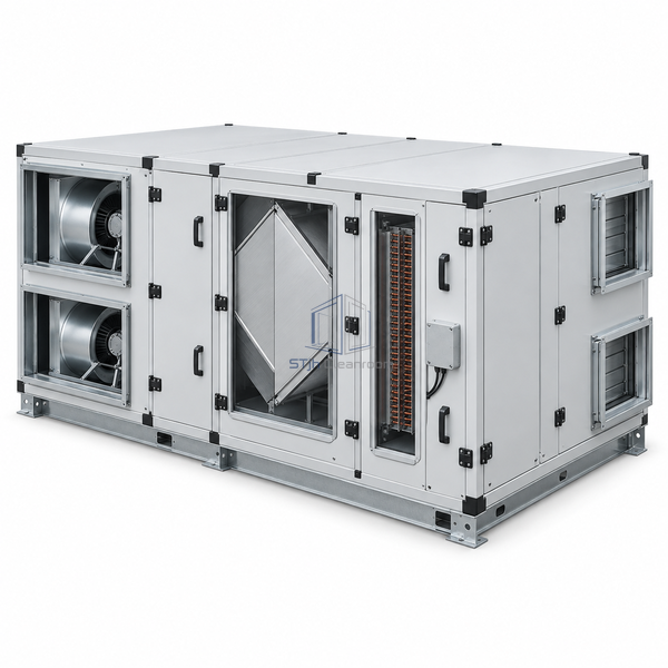 STjh 3240 m3/h compact air handling unit with enlarged twin fan compartments and a substantial side-connected casing on white.