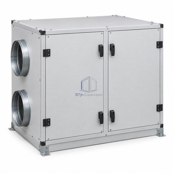 STjh 720 m3/h compact air handling unit with a short side-connected counterflow cabinet on white.