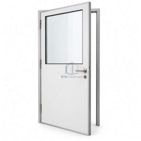 STjh aluminum-honeycomb HPL cleanroom door displayed on white with a glazed upper half and solid laminate below.