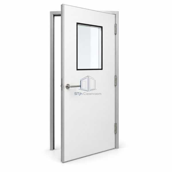 STjh paper-honeycomb HPL cleanroom door on white with a 400 x 600 mm rectangular window and aluminum edging.