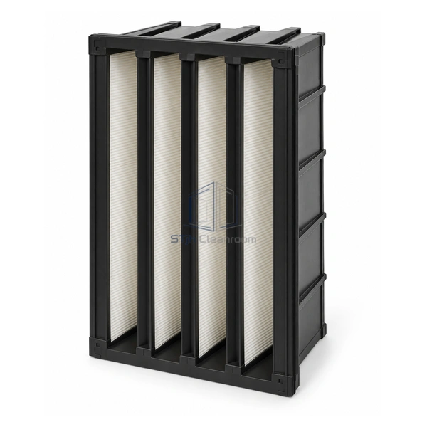 STJH-COMPACT-MEDIUM-AIR-FILTER-EPM1-287 tall half-width black molded V-bank air filter on a white background