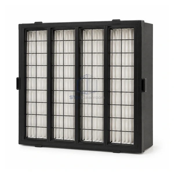 STJH-COMPACT-MEDIUM-AIR-FILTER-MERV11-100 slim black four-cartridge compact filter on a white background