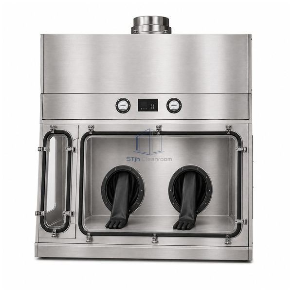 STjh 1200 mm total-exhaust compounding isolator with a tall sealed exhaust plenum and top duct collar on white