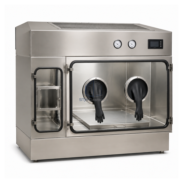 STjh 1200 mm positive-pressure recirculating compounding isolator with two gauges and a flat top grille on white