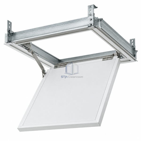 STJH-CONCEALED-CLEANROOM-CEILING-GRID-73-SWING-DOWN white cassette swung below concealed supports on a white background