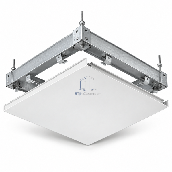 STJH-CONCEALED-CLEANROOM-CEILING-GRID-80-CLIP-IN 600 mm cassette and concealed clip-in rails on a white background